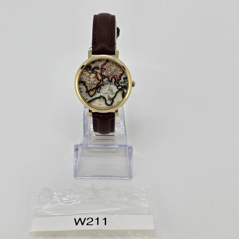 Women's World Map Watch 36MM Multicolor Dial Brown Leather Bands NEW Battery
